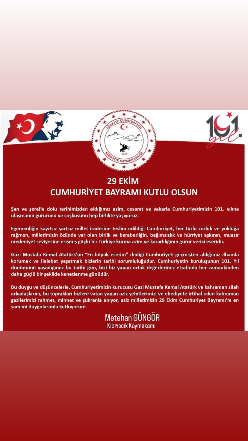 Kaymakamımız Metehan GÜNGÖR'ün 29 Ekim Cumhuriyet Bayramı Kutlama Mesajı 